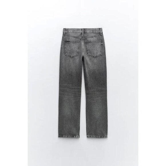 NWT Zara light wash black sparkle embellished mid rise straight leg jeans, 10 - Picture 8 of 15